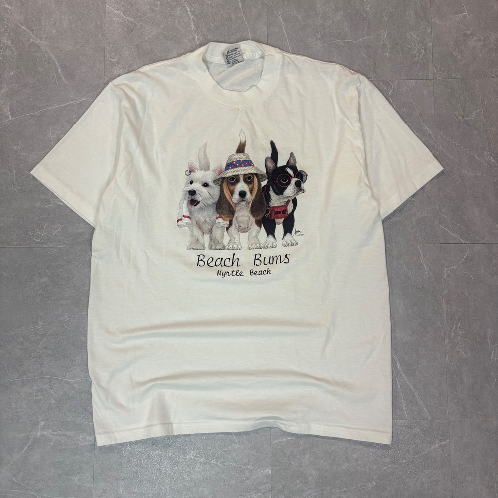 Vintage Cal Cru Beach Bums Myrtle Beach Dog Graphic T-Shirt Mens Large Cream